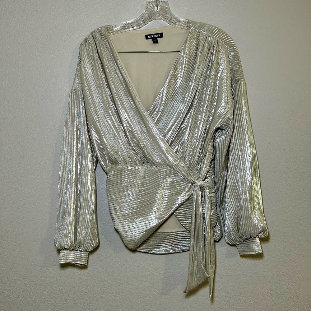 Express Silver Metallic Wrap Blouse Women’s Small party event nye holiday shiny